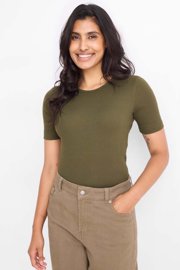 Donna - T-shirt - slim fit - a coste - kaki