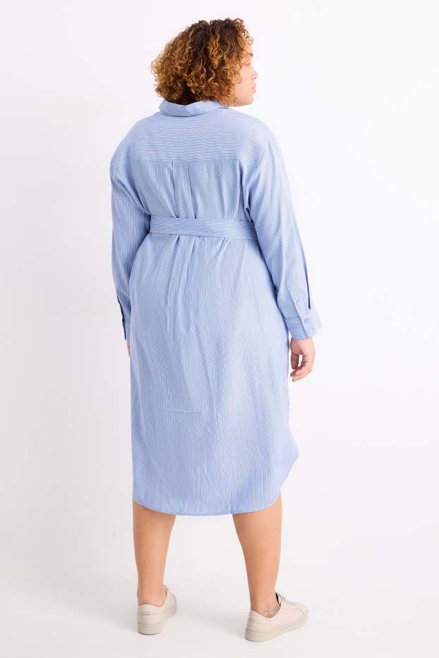 Damen - Blusenkleid mit Gürtel - gestreift - hellblau