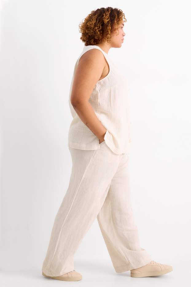 Femei - Pantaloni de stofă - talie medie - wide leg - amestec de in - bej deschis