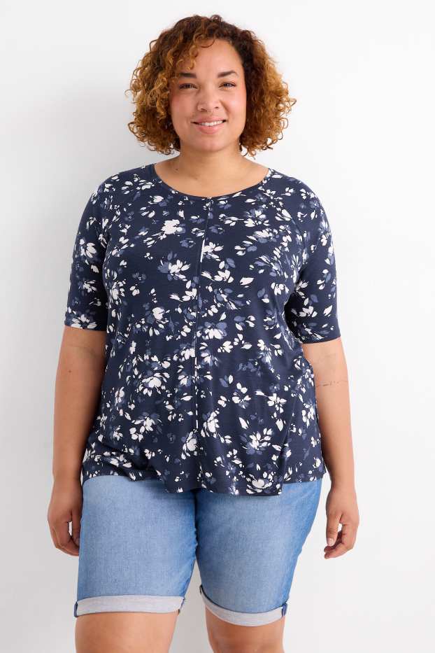 Damen - T-Shirt - geblümt - dunkelblau