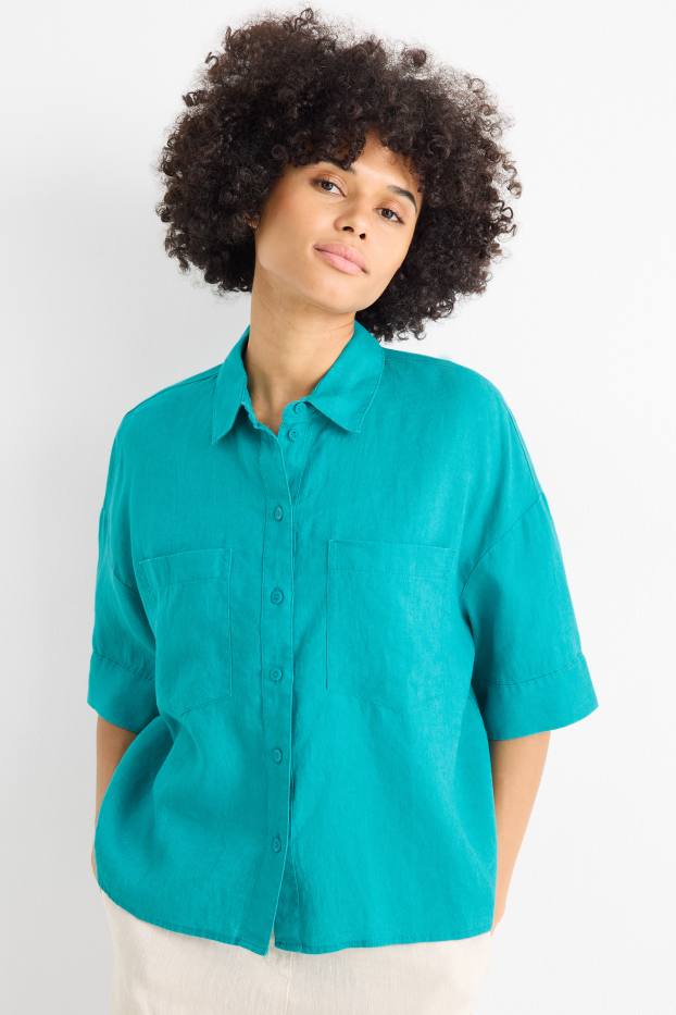 Damen - Leinen-Hemdbluse - dunkeltürkis