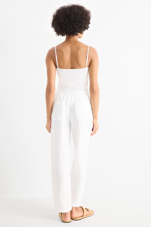 Dámské - Plátěné kalhoty - mid waist - tapered fit - lněná směs - bílá