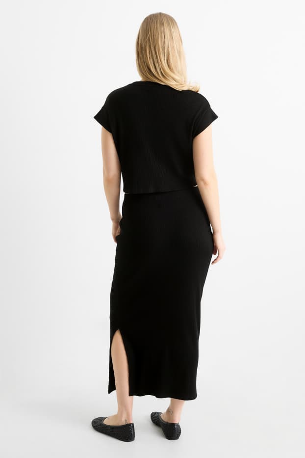 Women - Set - cropped long sleeve maternity top and skirt - ribbed - black