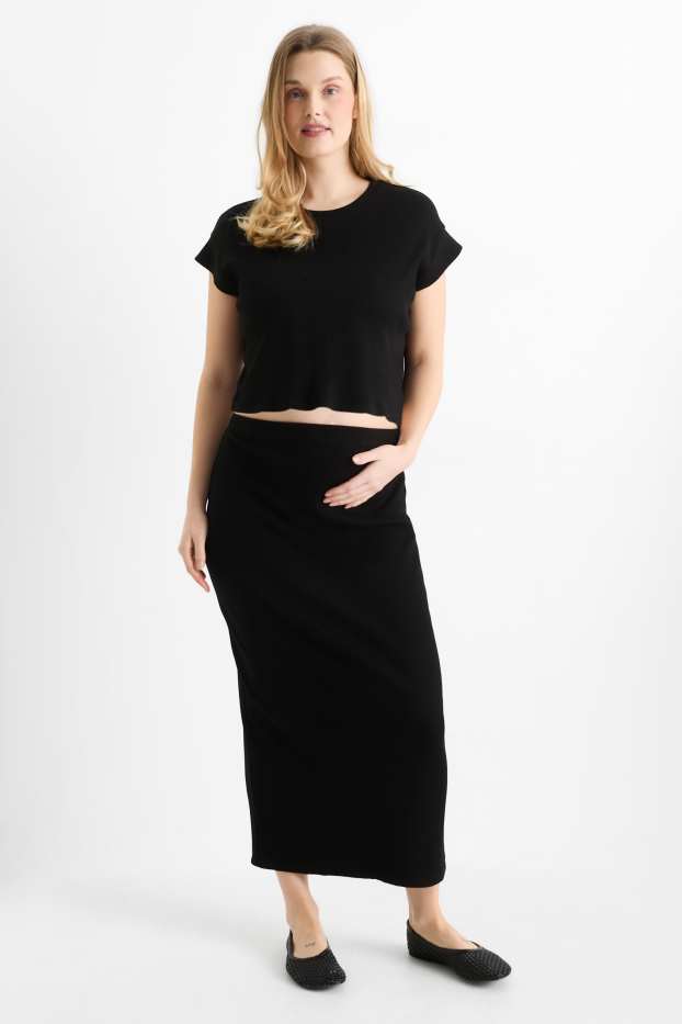 Women - Set - cropped long sleeve maternity top and skirt - ribbed - black