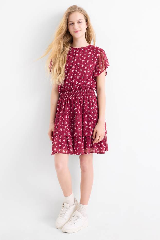 Children Girls - Dress - floral - bordeaux
