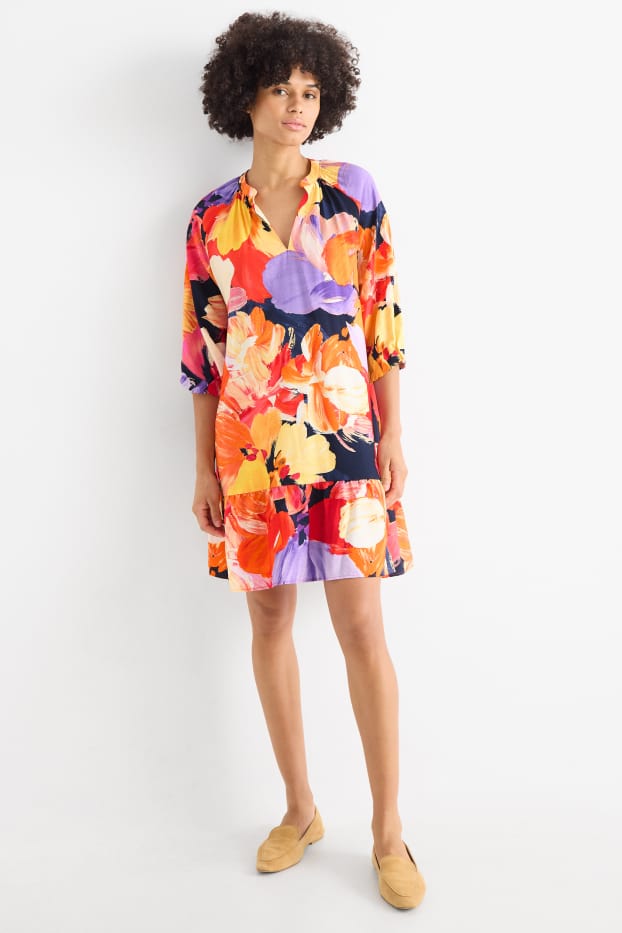 Dona - Vestit de línia A amb escot en punta - de flors - multicolor