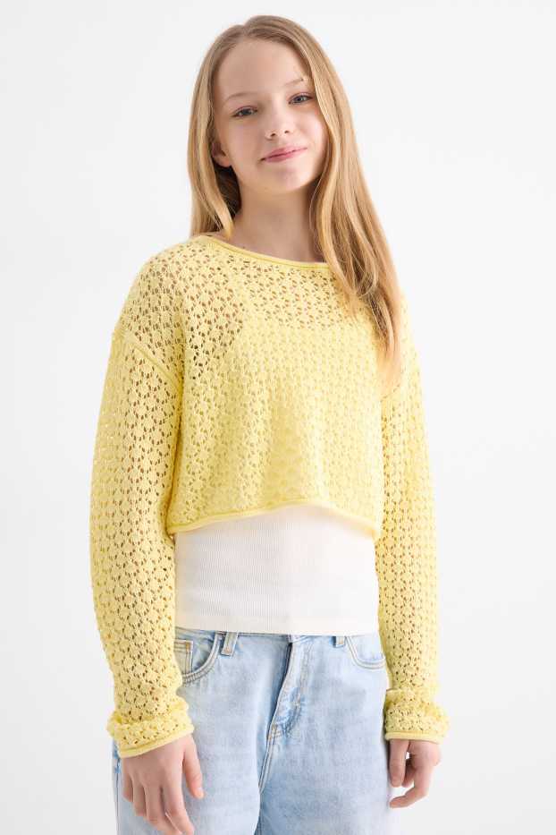 Enfants filles - Ensemble - pull et haut - 2 pièces - blanc / jaune