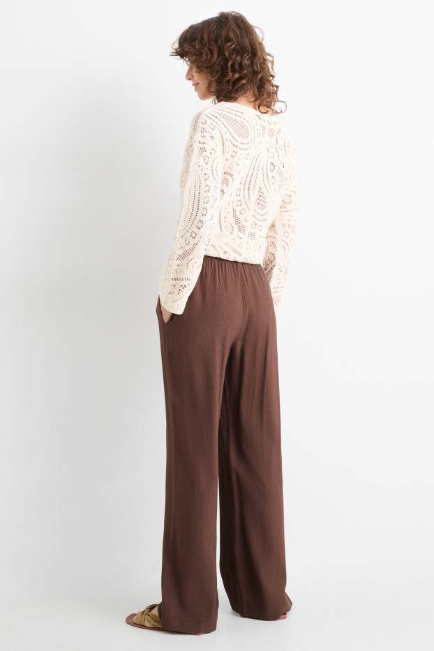 Dames - Pantalon - mid waist - wide leg - donkerbruin