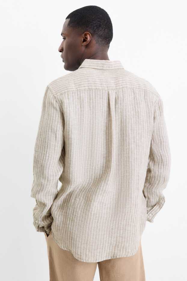 Bărbați - Cămașă de in - regular fit - guler Kent - cu dungi - bej