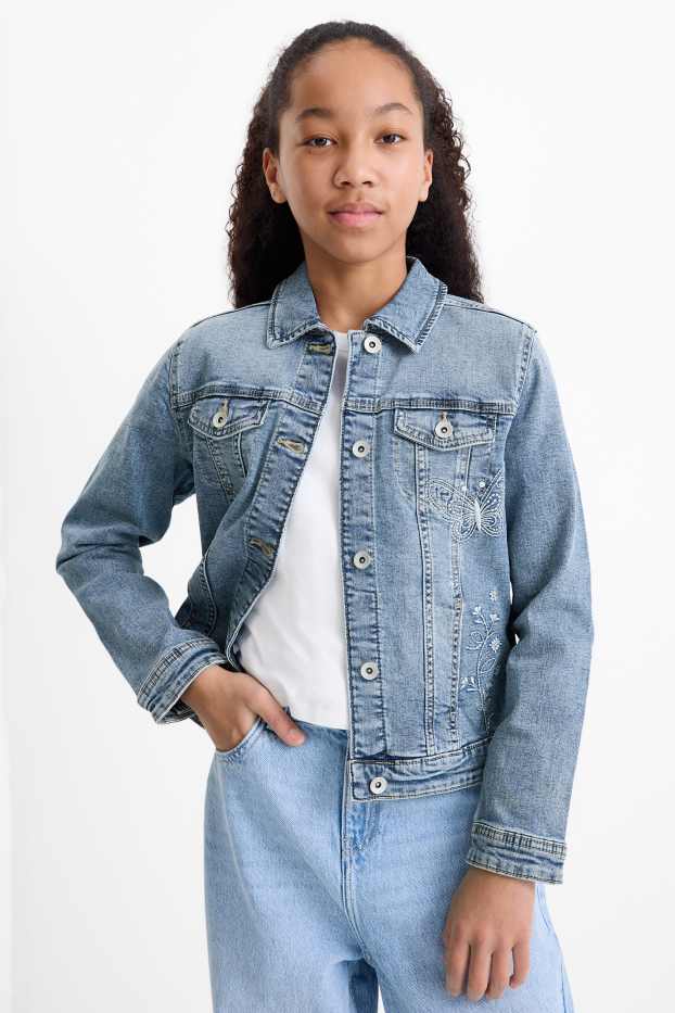 Enfants filles - Fleurs et papillon - veste en jean - bleu