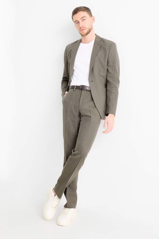 Hombre - Pantalón de vestir - regular fit - mezcla de lino - verde oscuro