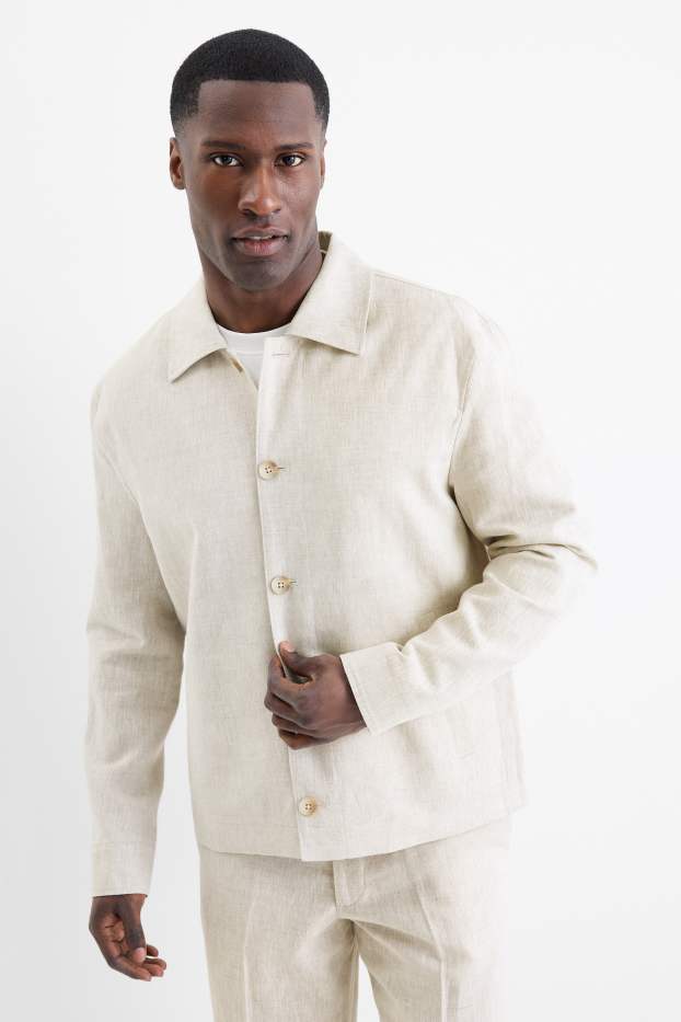 Bărbați - Jachetă tip cămașă - regular fit - guler Kent - amestec de in - bej deschis