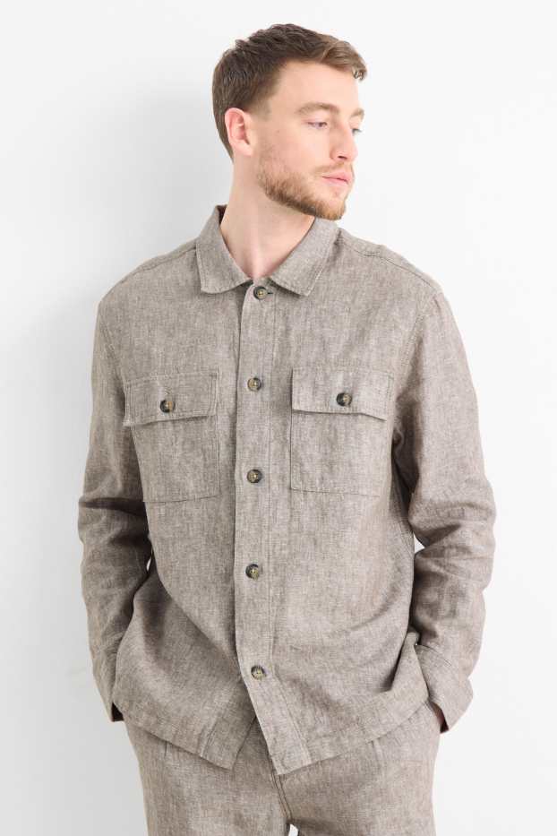Hommes - Veste-chemise - relaxed fit - col kent - lin mélangé - gris chiné