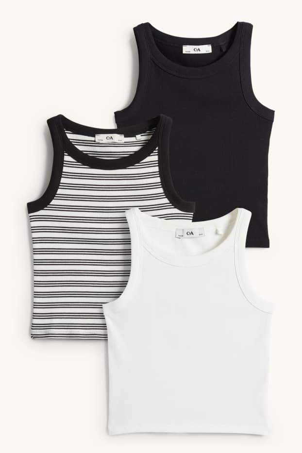 Kinderen: meisjes - Set van 3 - top - geribd - wit / zwart