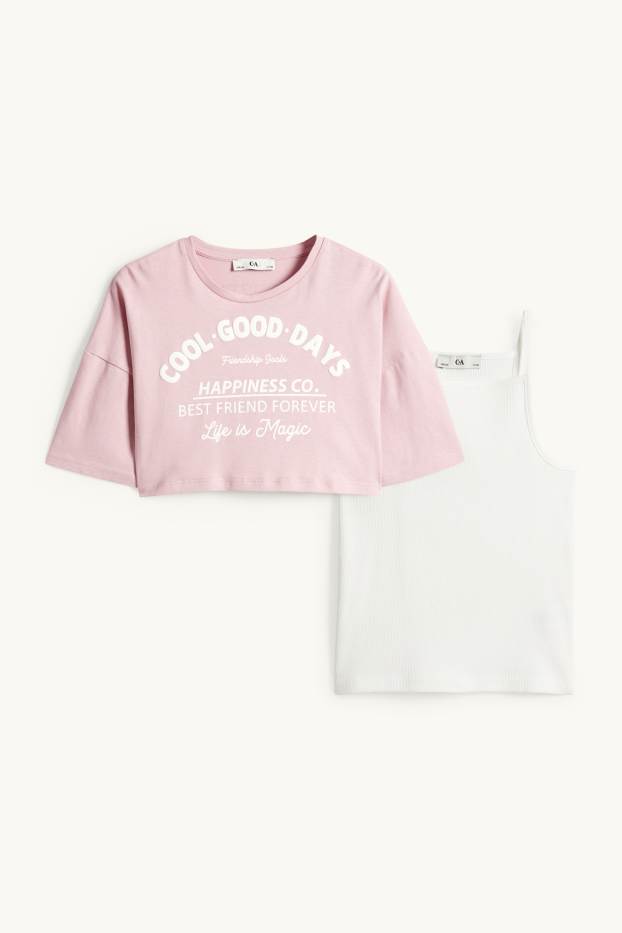 Copii - Fete - Set - tricou cu mânecă scurtă și top - 2 piese - alb / roz
