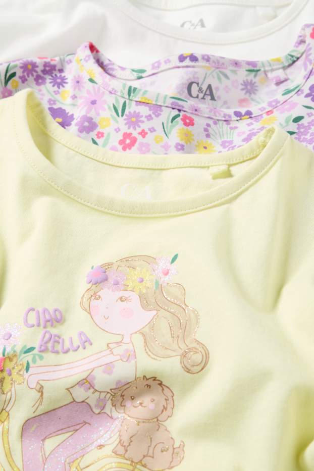 Kinder Mädchen - Multipack 3er - Mädchen und Blume - Kurzarmshirt - gelb