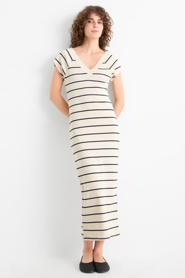 Donna - Vestito bodycon - a coste - a righe - beige