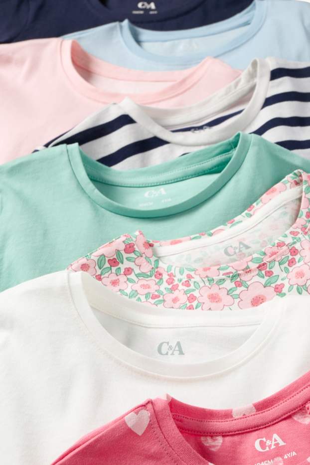 Niñas - Pack de 8 - corazones y flores - camisetas de manga corta - blanco / fucsia