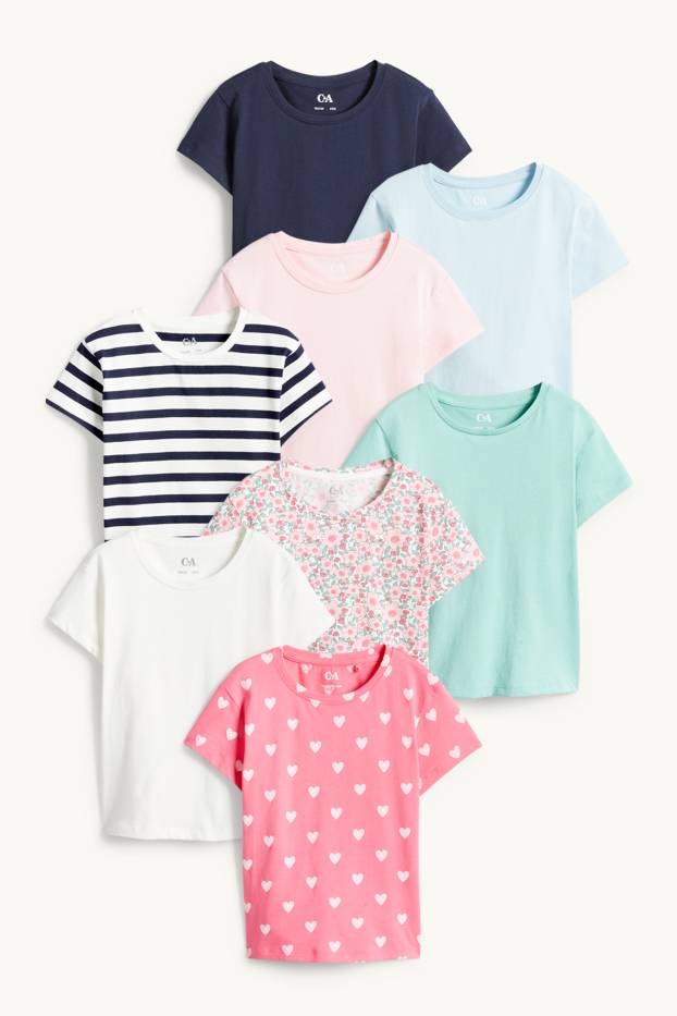 Niñas - Pack de 8 - corazones y flores - camisetas de manga corta - blanco / fucsia