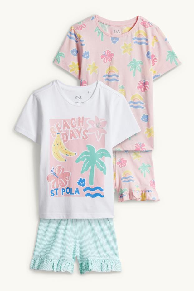 Kinder Mädchen - Multipack 2er - Sommer - Shorty-Pyjama - 4 teilig - weiß / rosa