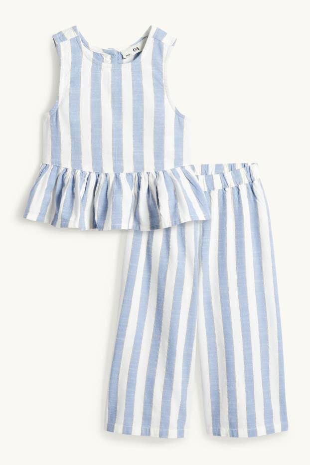 Enfants filles - Ensemble - top et pantalon de toile - 2 pièces - à rayures - blanc / bleu