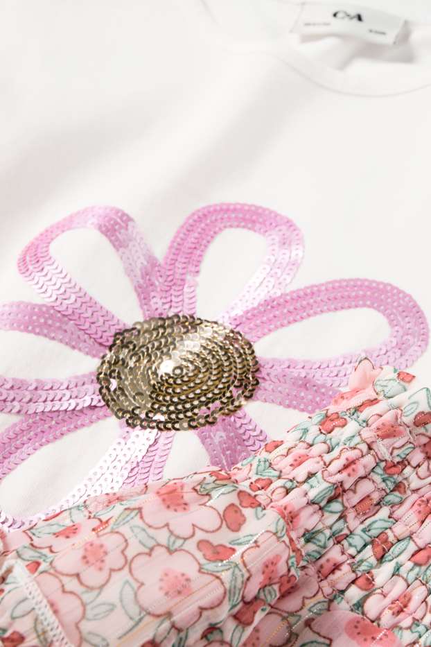 Kinderen: meisjes - Bloem - set - T-shirt en rok - 2-delig - wit / roze