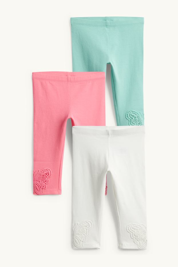 Enfants filles - Lot de 3 - papillon - leggings - finition côtelée - blanc / rose