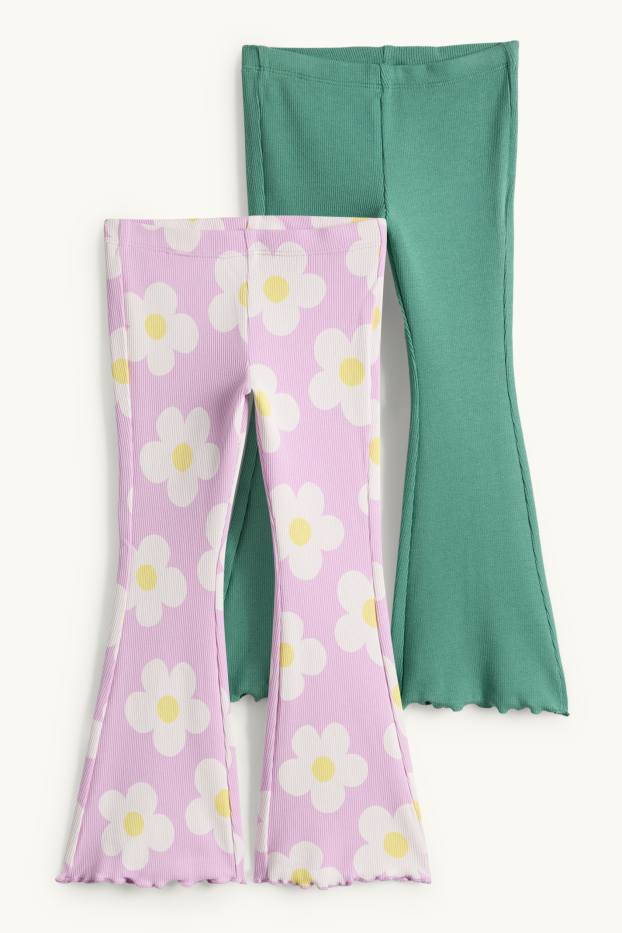Kinder Mädchen - Multipack 2er - Blume - Flared Leggings - gerippt - grün