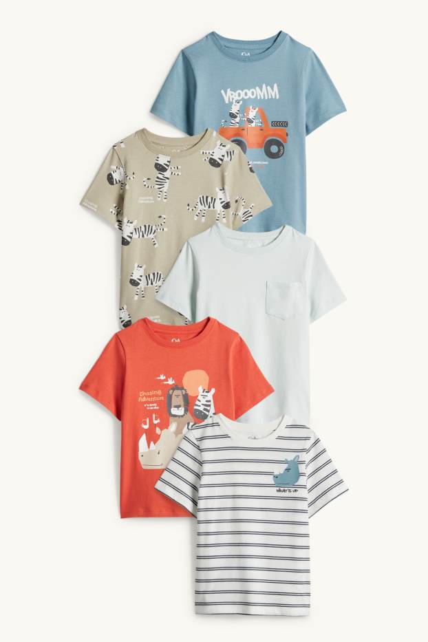 Kinder Jungen - Multipack 5er - Zebra, Nashorn und Löwe - Kurzarmshirt - orange / blau