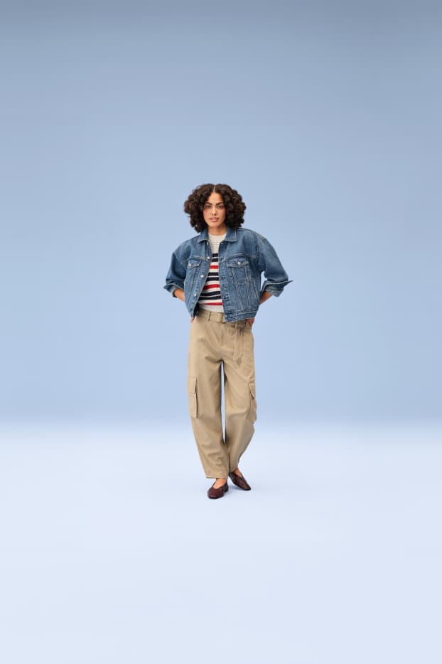 Femei - Pantaloni cargo cu curea - talie înaltă - tapered fit - bej