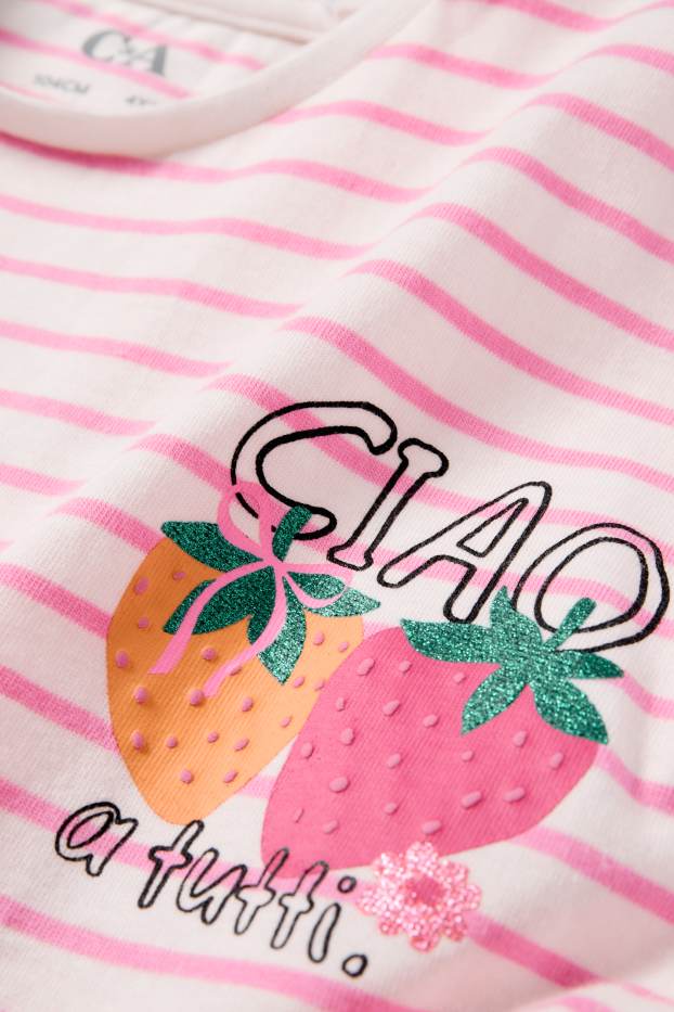 Enfants filles - Fraises - T-shirt - à rayures - effet brillant - blanc / rose