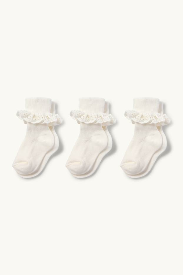 Bébés filles - Lot de 3 - chaussettes bébé - broderie anglaise - finition côtelée - blanc