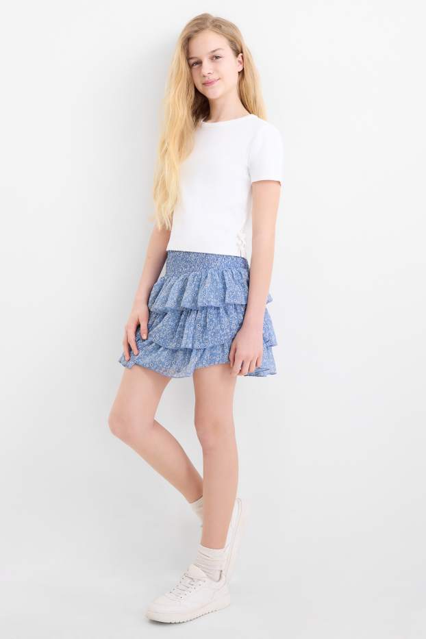 Enfants filles - Fleurs - ensemble - T-shirt et jupe - 2 pièces - bleu / blanc