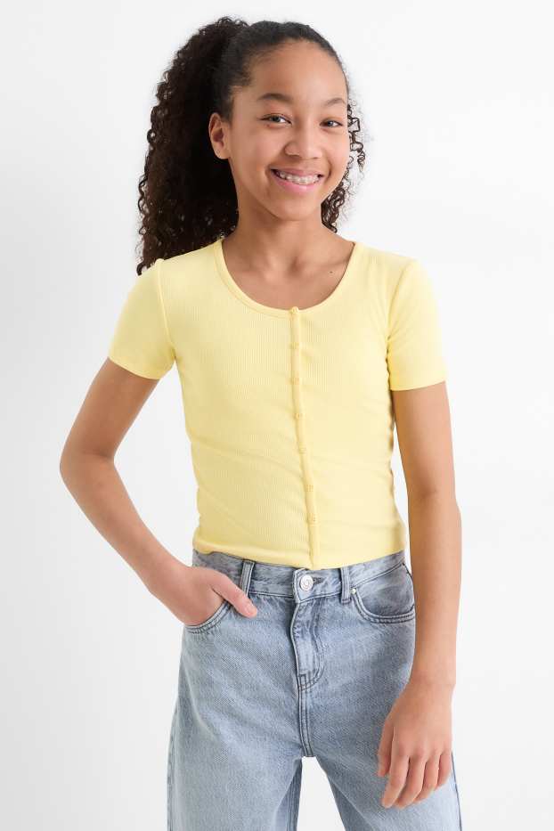 Kinderen: meisjes - Set van 2 - T-shirt - ribstof - wit / geel