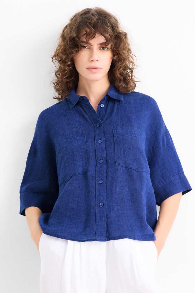 Damen - Leinen-Hemdbluse - dunkelblau