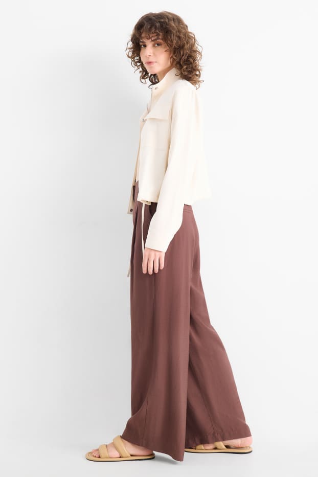 Dámské - Plátěné kalhoty - mid waist - wide leg - tmavohnědá