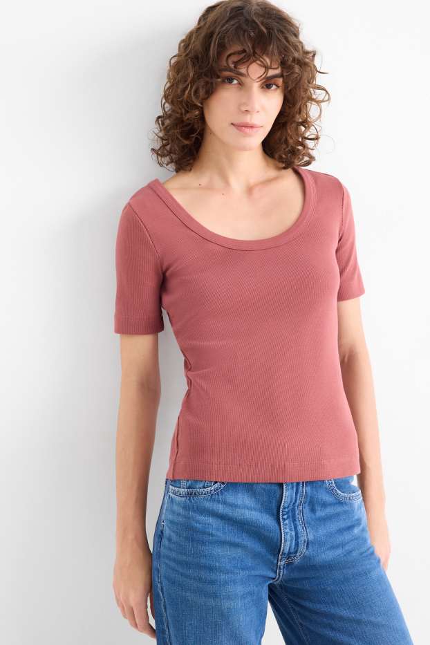 Damen - T-Shirt - Regular Fit - gerippt - dunkelrosa