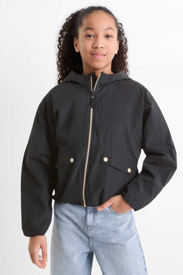 Kinder Mädchen - Jacke mit Kapuze - wasserabweisend - schwarz