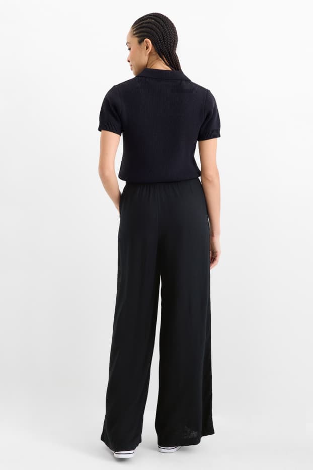 Femmes - Pantalon de toile en lin mélangé - mid waist - loose fit - noir