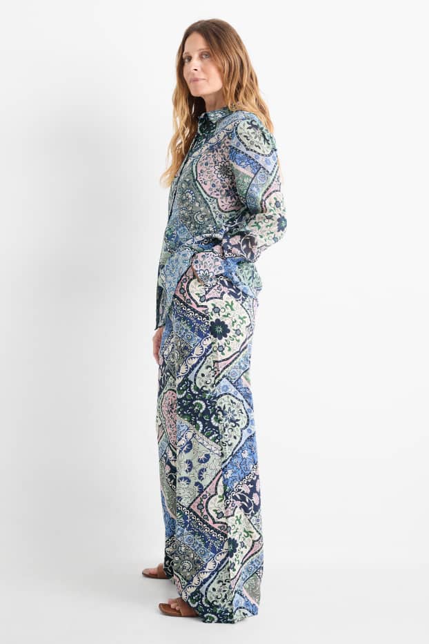 Donna - Pantaloni - vita media - gamba ampia - fantasia - blu scuro