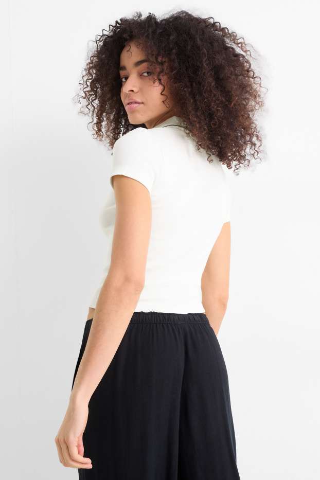 Femmes - Polo court - slim fit - finition côtelée - blanc crème