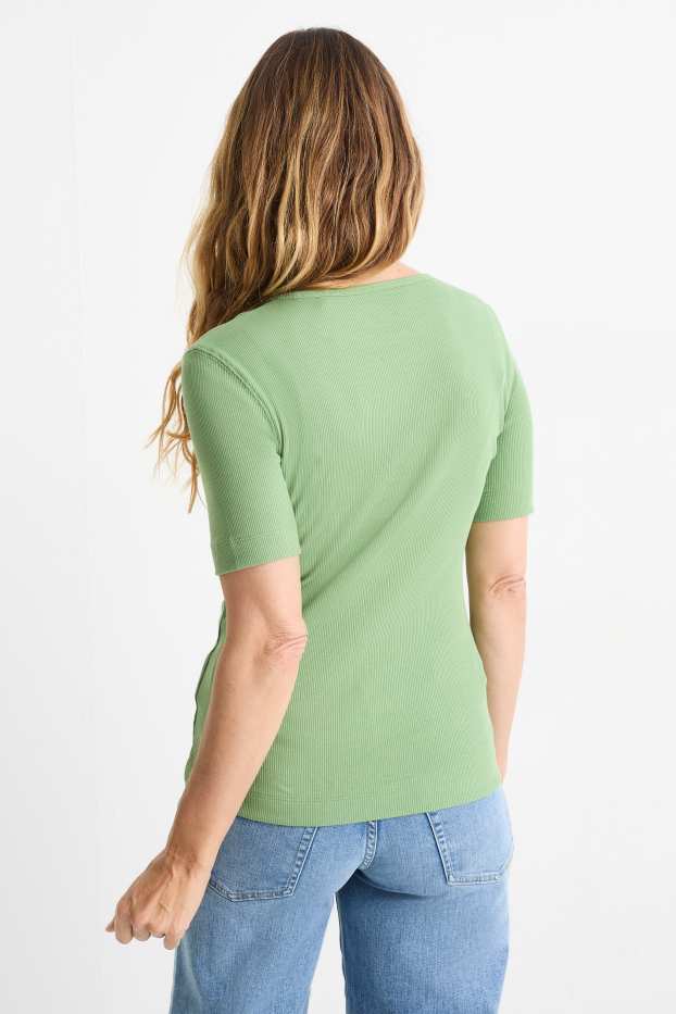 Femmes - T-shirt - slim fit - finition côtelée - vert