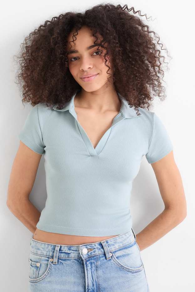 Women - Cropped polo shirt - slim fit - ribbed - light blue