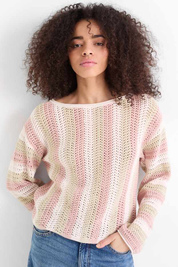 Damen - Pullover - gestreift - rosa / beige