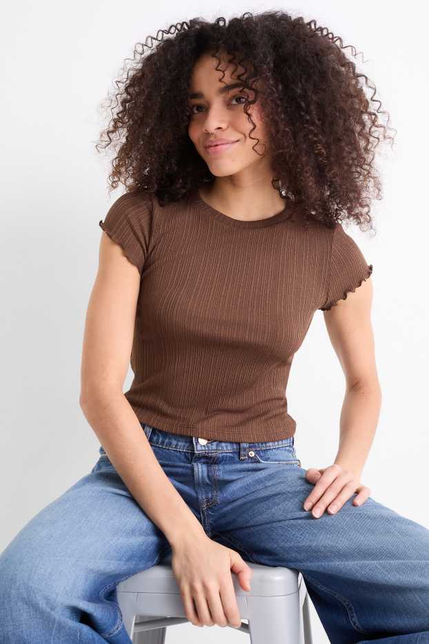 Dames - Kort T-shirt - slim fit - geribd - bruin