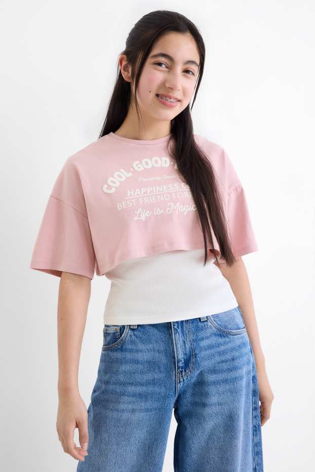 Copii - Fete - Set - tricou cu mânecă scurtă și top - 2 piese - alb / roz