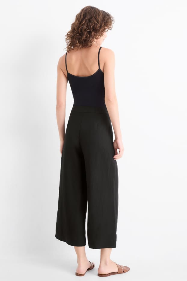 Femei - Pantaloni office cu conținut de in - talie înaltă - wide leg - negru