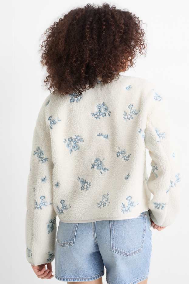 Femmes - Veste en peluche - à fleurs - blanc / bleu clair