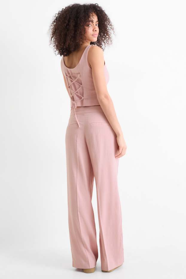 Dámské - Plátěné kalhoty s lněným podílem - mid waist - loose fit - růžová