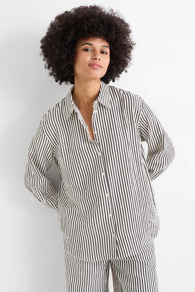 Dámské - Košilová halenka - pruhovaná - černá/béžová